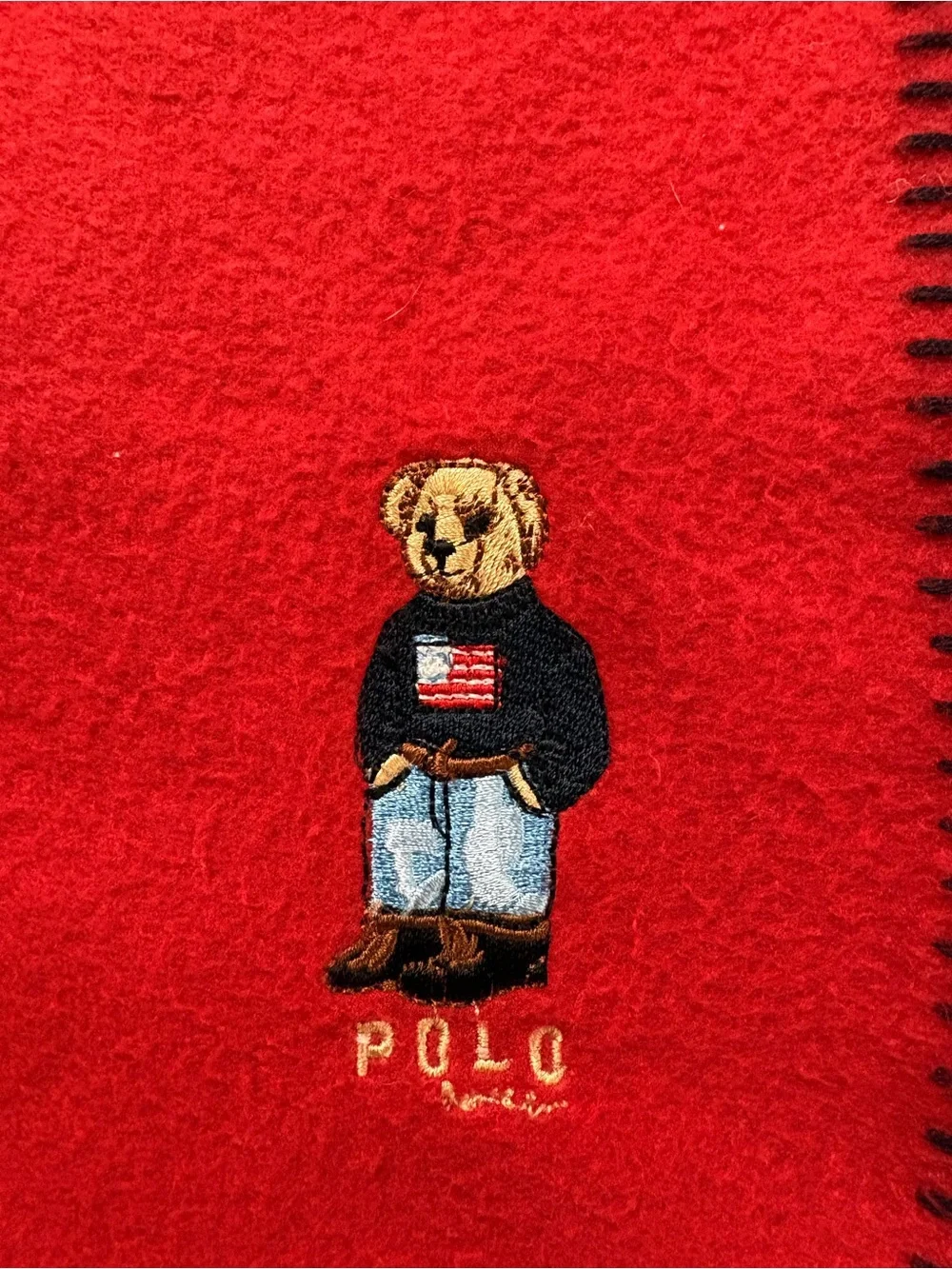 Polo Ralph Lauren Fleece  Polo Bear Red Wool Blanket with Contrast Stitching